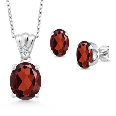 925 Sterling Silver Garnet and White Lab Grown Diamond Pendant and Earrings