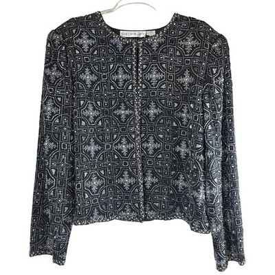 Vintage Scala Jacket Womens XXL Jet Black Beaded Silk Evening Holiday Dressy
