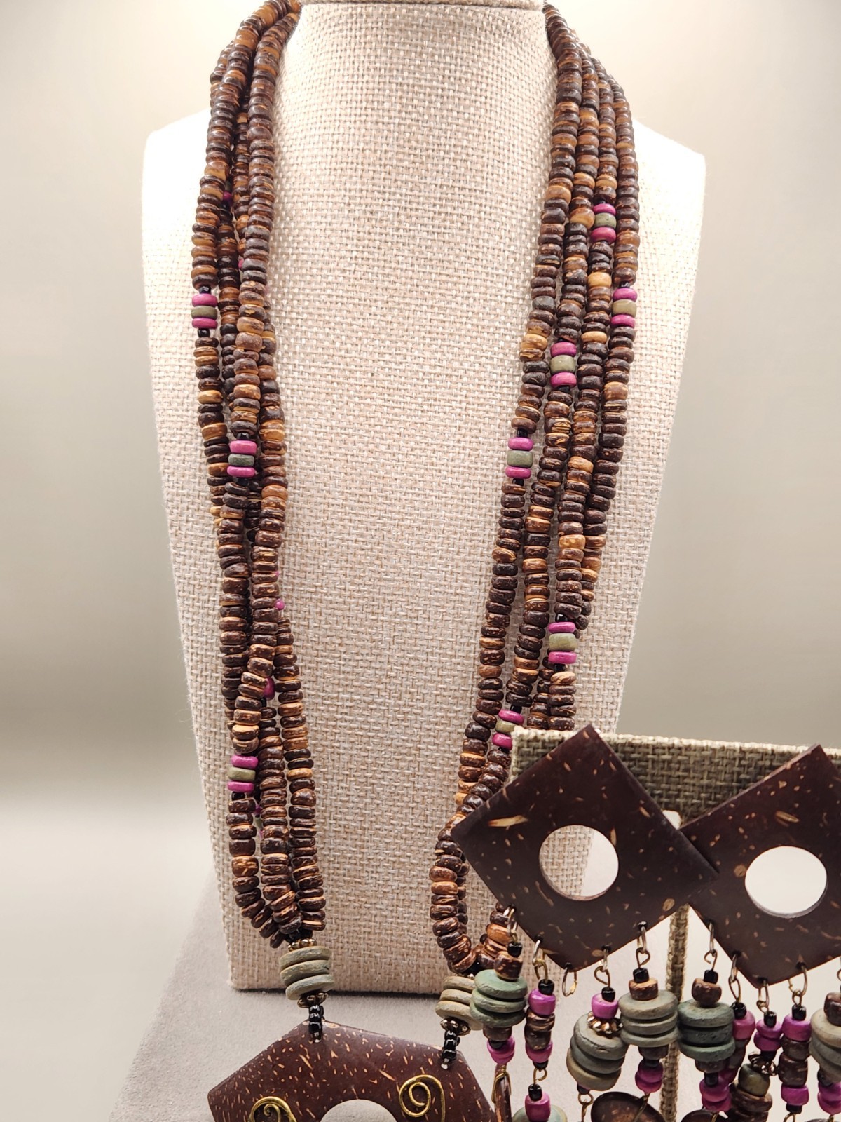 Multi-Strand Retro Coconut Shell Bead Necklace Bo… - image 7