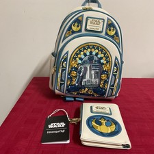Image of LOUNGEFLY STAR WARS R2-D2 STAINED GLASS PORTRAIT MINI BACKPACK & WALLET NWT!!!