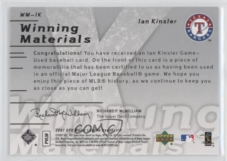 2007 SPx Winning Materials Dual Silver /50 Ian Kinsler #WM-IK - Image 2 of 2