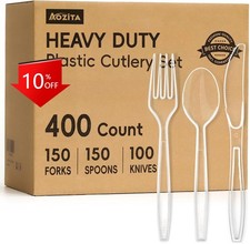 NEW,400 Count Heavy Duty Plastic Silverware,150 Forks, 150 Spoons and 100 Knives