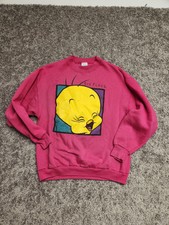 VINTAGE Six Flags Tweety Bird Looney Tunes Pink Crewneck Medium Made In USA