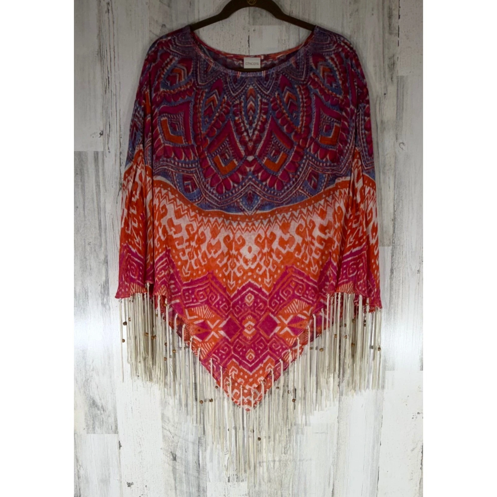 Chicos Poncho Top One Size Geometric Medallion Beaded Fringe Linen Wrap