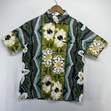 Vintage Iolani Hawaiian Shirt men's medium Green Floral Abstract Camp 70s 80s