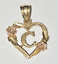 14k Yellow Gold Letter C Initial Heart Flower Rose Diamond Cut Pendant Charm