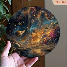 8x8 Inch Round Aluminum Wall Art - 2D Flat Space Landscape W/Solar System Planet