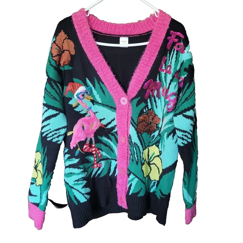 Ugly Christmas Cardigan Sweater Pink Flamingo Size Large Sparkles Embroidery VTG