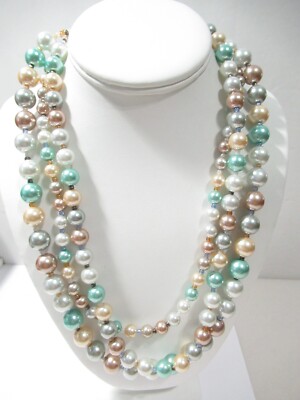 ESMORE Vintage Faux Pearl Colorful Heavy Triple Strand Necklace