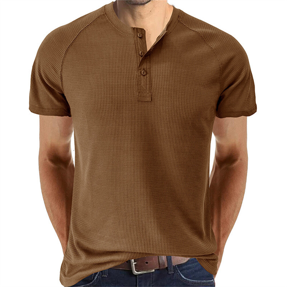 Mens Waffle Henley Shirt Casual Shirts Short Sleeve Button Tops - Main Image