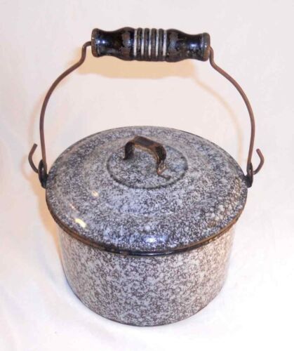 Antique Agateware Mottled Gray Lidded Berry Bucket Wire Handle Turned Wood Grip