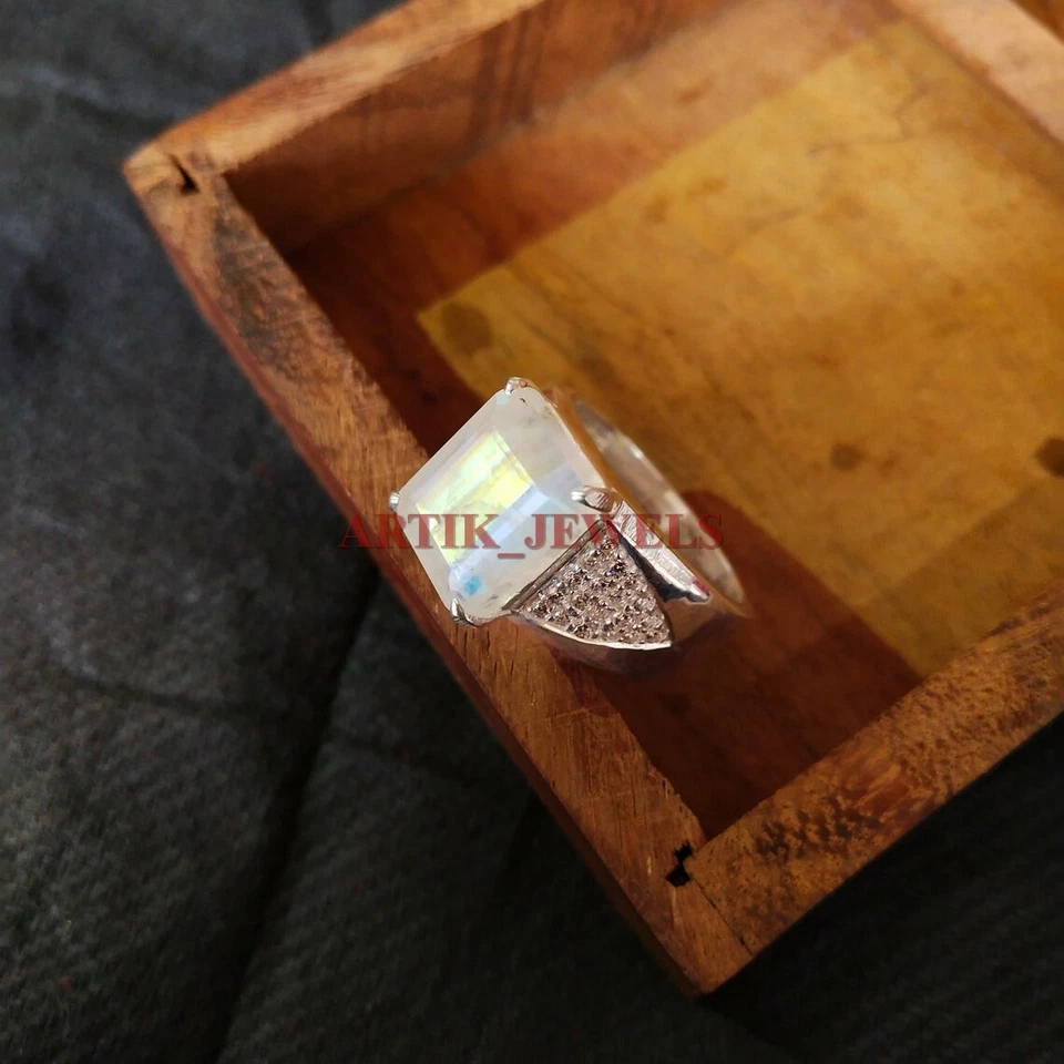 Naturale Pietra Lunare Arcobaleno Con 925 Anello Argento Sterling per Uomo #2852 - Immagine 3 di 4