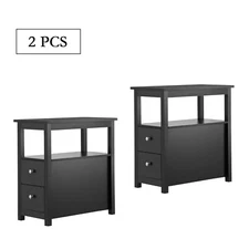 2 PCS End Table with 2 Drawer and Shelf Narrow Sofa Side Table Home Decor Black