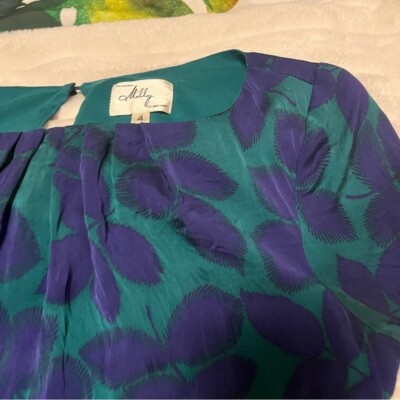 Milly of New York 4 Green Purple Leaf Print Silk Blend Long Sleeve Fall Dress