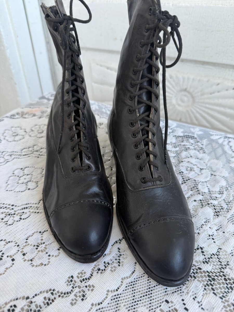 Antique 1910s Edwardian Womens Black Leather High Lace Up Boots sz