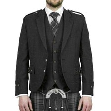 Men's Charcoal Tweed Argyle Jacket with Vest Scottish Wedding Argyll Kilt Jacket