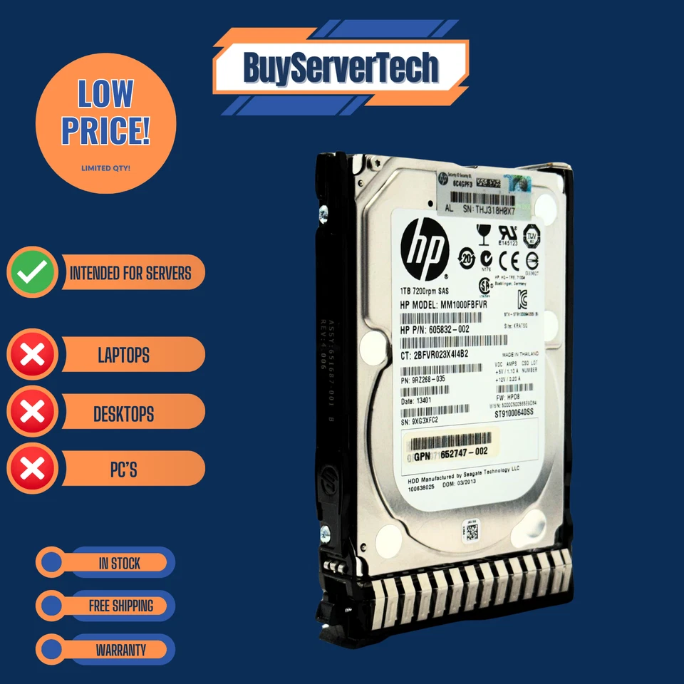 HP 1TB 6G SAS 7.2K SFF SC MDL G8 G9 HDD 652749-B21 653954-001 2.5 drive W/ Tray - Image 4 of 4