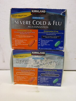 2 Kirkland Severe Cold/ Flu Congestion Caps, 168 Ct Ea.  336 Total OPEN BOX