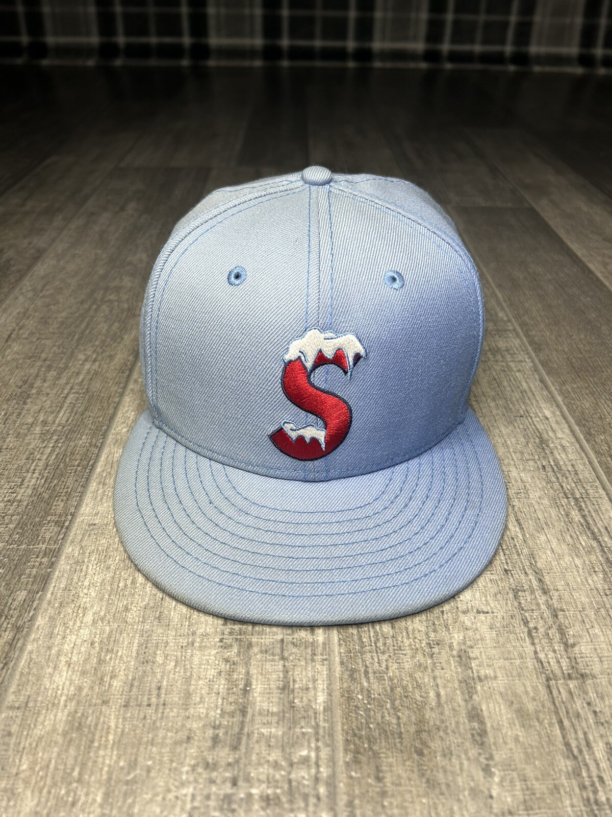 Supreme New Era Hat Icy S Logo Size 7 5/8 Blue Fitted Wool Sun Faded