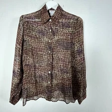 Tess Womens Sheer Snake Skin Print Button-Up Shirt Blouse Large 100% Silk Brown
