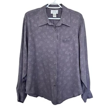 Field Manor 100% Silk Embossed Vtg Button Up Top Womens Size 14 Purple Floral