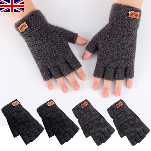 2 Pair Alpaca Wool Fingerless Gloves Thermal Mens Knitted Half Finger