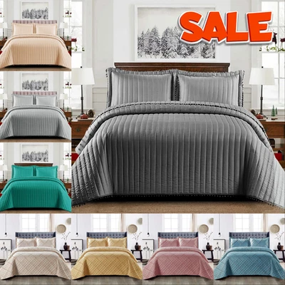3Piece Quilted Embossed Bedspread Single Double King Size Bed Throw Bedding Set - Image 1 of 4