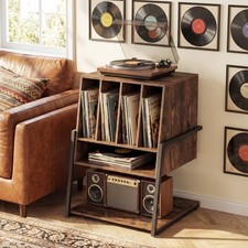 Record Player Stand w/ Charging Station, Vinyl Record Storage Organizer Brown
