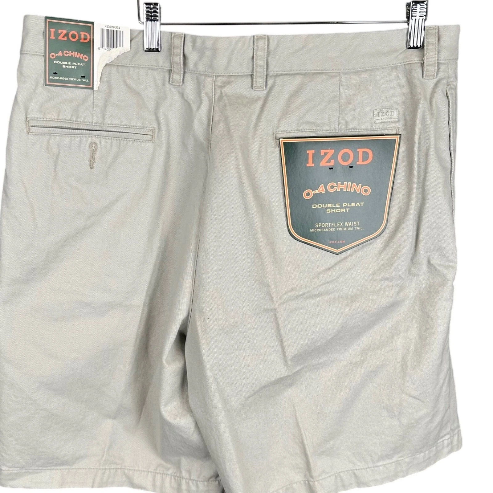 IZOD G-4 Chino Mens Double Pleat Shorts Khaki Sportflex Waist Cotton Size 38 NWT