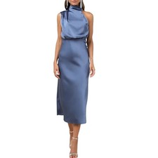 NWT Lulus Distinctive Charm Slate Blue Satin Asymmetrical Midi Dress XS Party