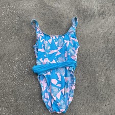 VTG 80s Barefoot Miss One Piece High Cut Swimsuit Neon Pink Blue Belted Sz 13/14