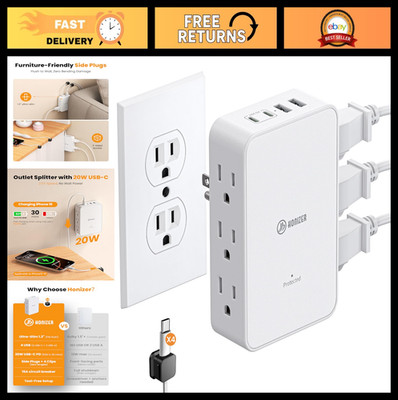 6 AC Outlet Splitter with USB C PD 20W, 3-Sided Wall Extender & Cable Clips