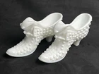 2 Vintage Unmarked Fenton White Hobnail Milk Glass 5.5" Boots/Shoes w/ Cat Head