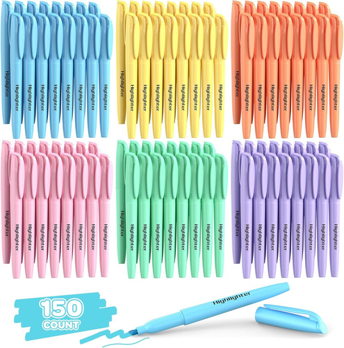 150 Count Pastel Highlighters Assorted Colors Bulk - Chisel Tip, Quick Dry, 6 Pa