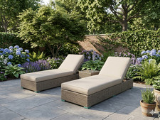 Image of SUN LOUNGER BED RATTAN WICKER GARDEN OUTDOOR BEIGE AND CHAIRS FURNITURE PATIO
