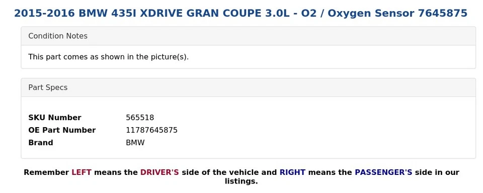 BMW 435I XDRIVE 2015-2016 gran cupé 3,0 L - sensor de oxígeno/o2 7645875 Foto 4 de 4