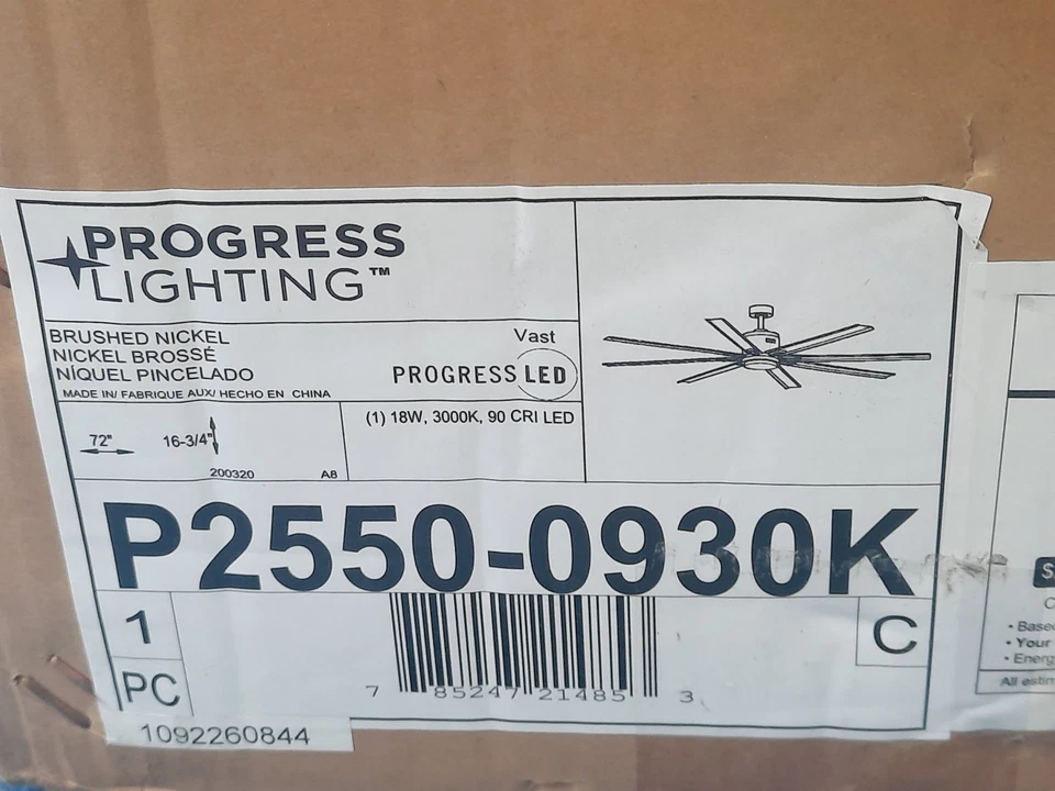 Progress Lighting Vast P2550-0930K Ceiling Fan Brushed Nickel 72" 8 Blade *READ* - Image 2 of 4