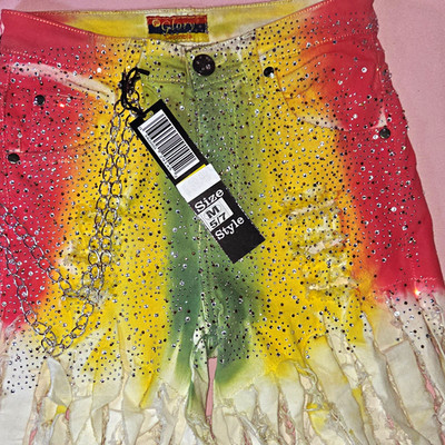 Glo Tie-Dye Multicolor Denim Cut Off Shorts Studded Fringe Chain Pockets M