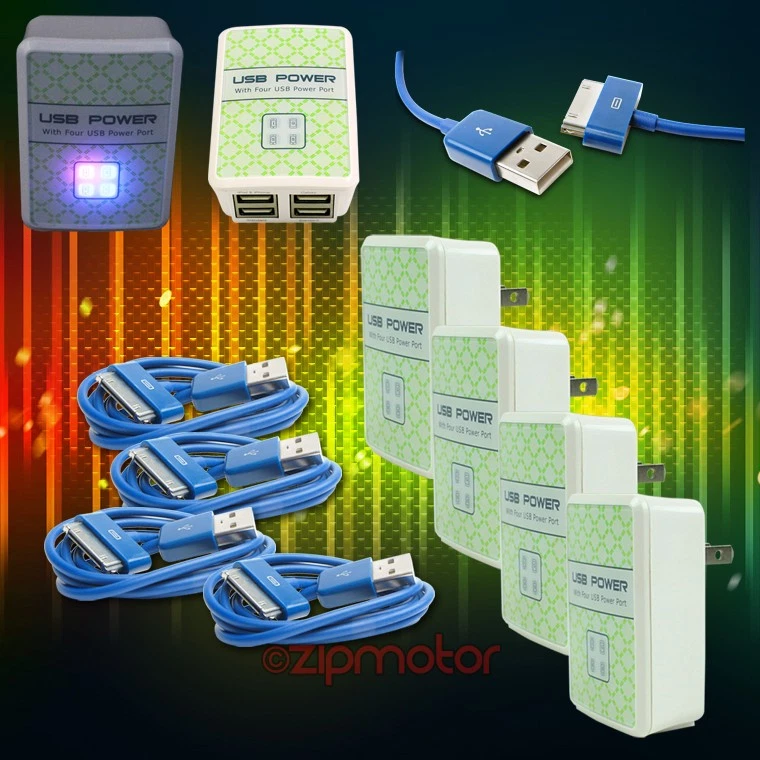 4X 4 USB-ANSCHLÜSSE WANDADAPTER + 10 FUSS KABEL NETZTEIL LADEGERÄT DATEN BLAU GALAXY TAB HINWEIS