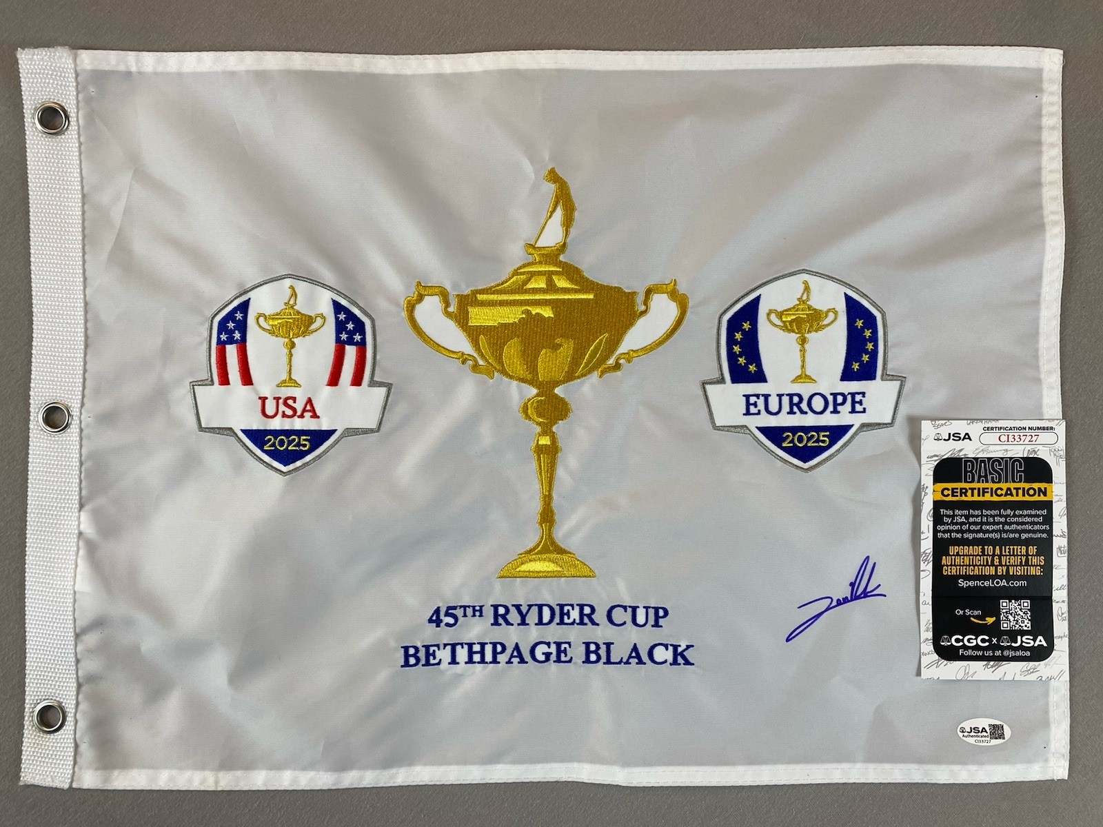 Jon Rahm Autographed Signed 2025 RYDER CUP EUROPE- EMBROIDERED PIN FLAG JSA CI33727 