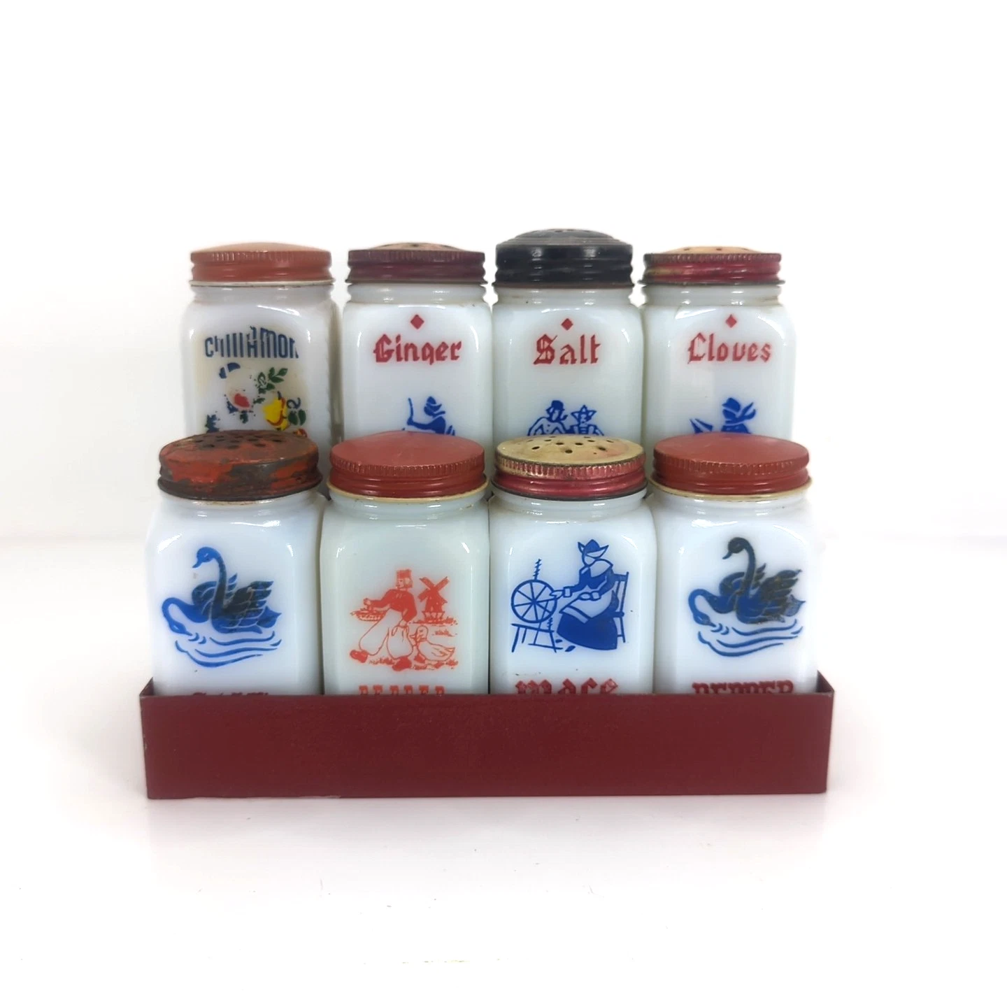Early Milk Glass Jar Spice 8pc. Set w/ Metal Lids Red Rack Kitchen Shaker Set