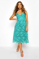 Boohoo Dress Size 12 Teal Crochet Lace Sleeveless Wedding Guest Event Party Midi