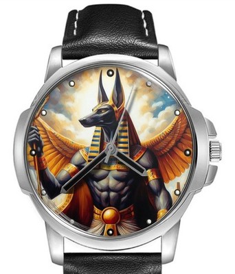 Anubis Egyptian God Lederband großes Zifferblatt Armbanduhr