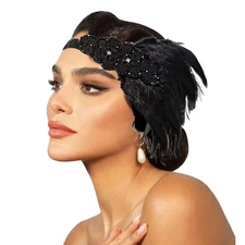 1920s Flapper Headpiece Black Feather Headband Rhinestone Roaring 20s Gatsby