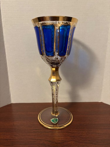 VINTAGE KUSAK GOLD PANEL COBALT BLUE 8.5" STEMMED GLASS