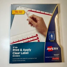 Avery Print & Apply Clear Label Dividers White Tabs 8-Tab - 5 sets 11437