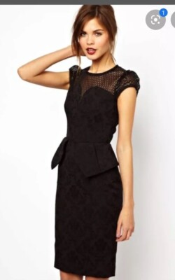 Karen Millen Uk 12/40 Sexy Black Pencil Brocade Peplum Dress Never Worn   | eBay