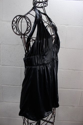 $238 POLECI Black Liquid Drape Back Cutout Ruched Sexy Chic Halter Top M NWT - Picture 2 of 5