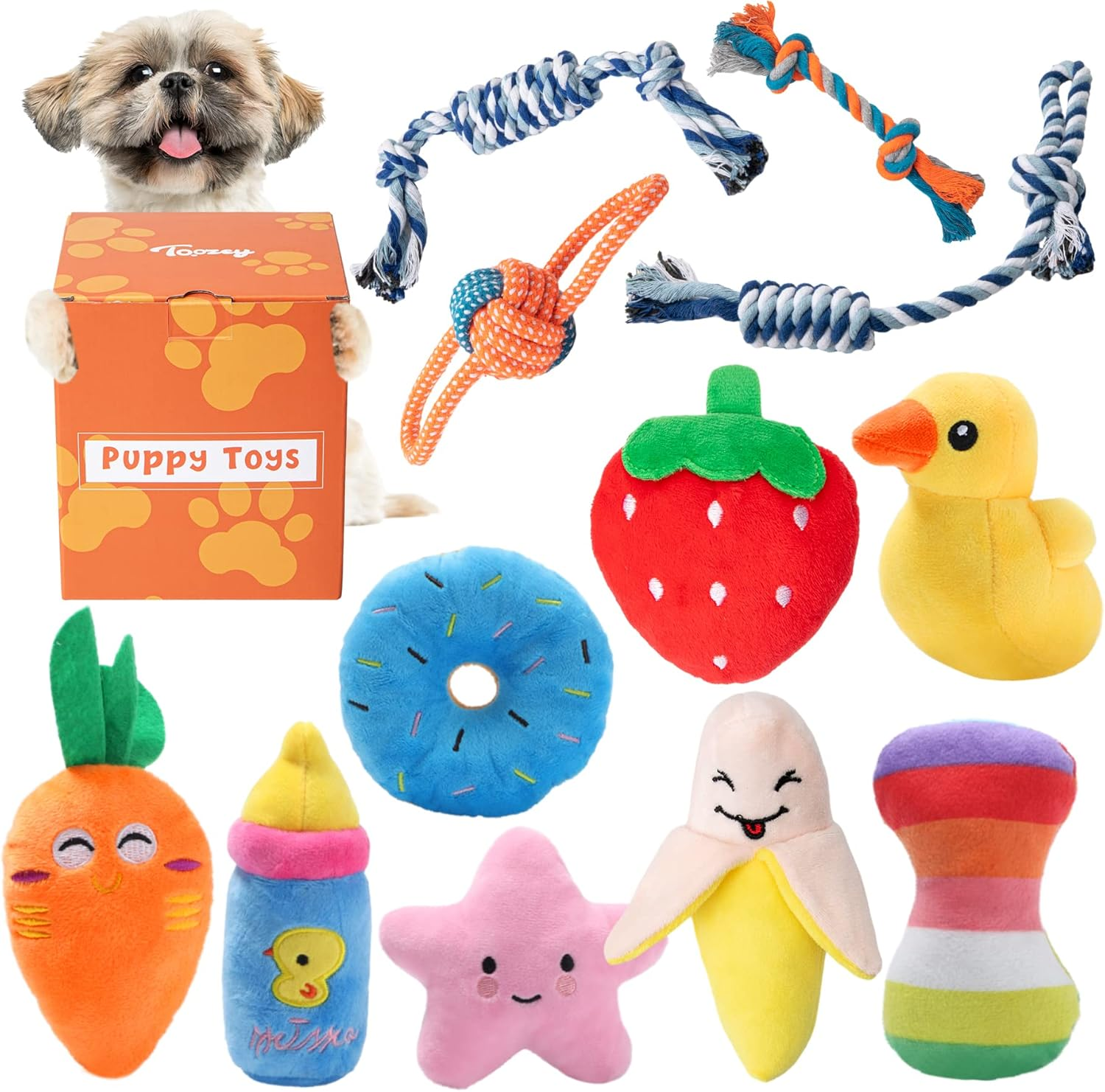 12 Pack Puppy Teething Toys for Small Dogs - Plush Squeaky & Rope Chew Set Bundl