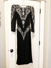 Vintage Beaded Evening Gown Black And Silver XXS